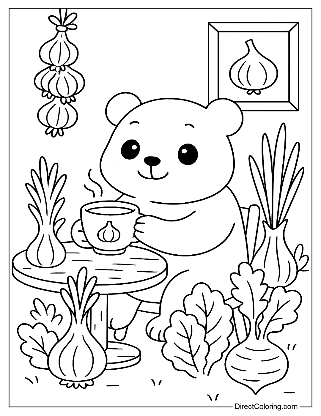 Cute panda drinking a cup of garlic coffee in a quirky cafe coloring sheet